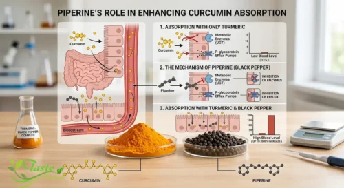 Turmeric powder next to black peppercorns