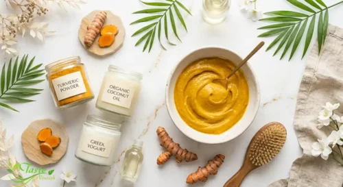 Turmeric for Hair: Turmeric powder, yogurt, and coconut oil for a homemade turmeric hair mask