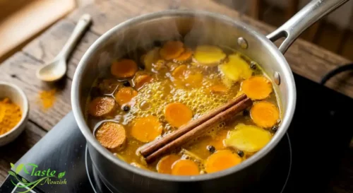 Turmeric tea simmering in a saucepan with ginger