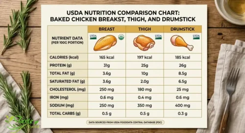 USDA nutrition comparison chart for baked chicken breast, thigh, and drumstick