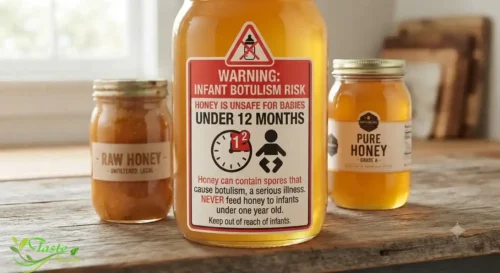 Warning label style graphic reminding parents honey is unsafe for babies under 12 months