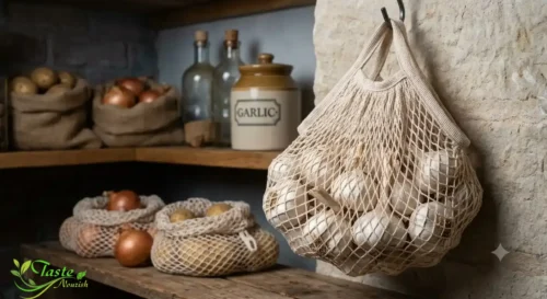 Garlic Calories: Whole garlic bulbs stored in a mesh bag in a cool, dry pantry