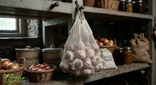 Garlic for Weight Loss: Whole garlic bulbs stored in a mesh bag in a cool pantry