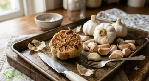 Garlic Calories: Whole roasted garlic head on a baking sheet next to raw cloves