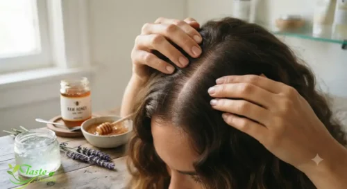 Honey for Hair: Woman parting hair to show scalp before a honey scalp treatment