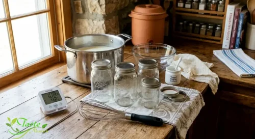 Yogurt-making equipment including thermometer, glass jars, and whisk
