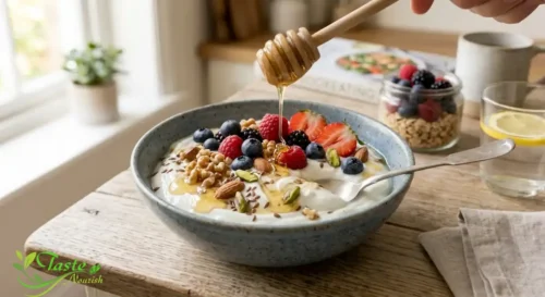 Yogurt with nuts, berries, and honey