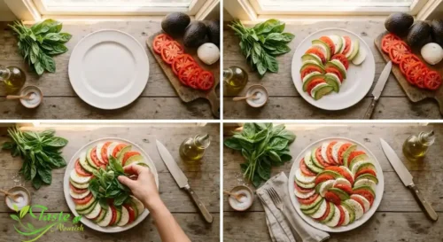 Step-by-step assembly of avocado tomato mozzarella salad