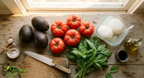Fresh ingredients for an easy avocado caprese recipe including avocado, tomatoes, mozzarella, and basil