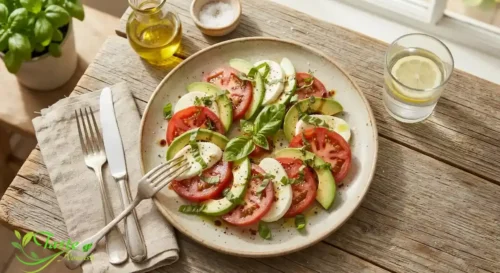 avocado caprese salad plated as a light, healthy lunch