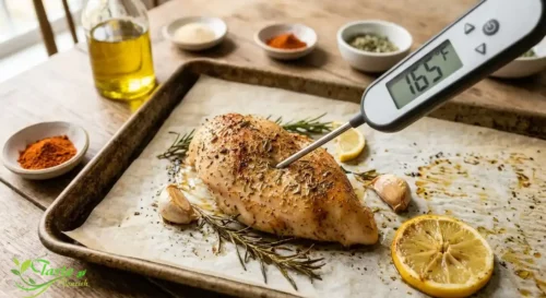 Meat thermometer inserted into baked chicken breast reading 165 degrees Fahrenheit