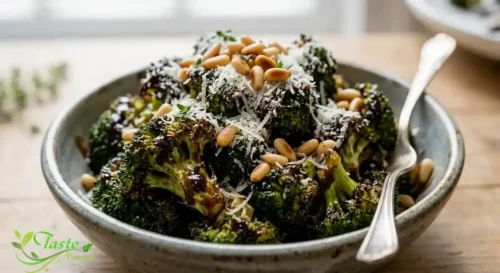  balsamic broccoli side topped with parmesan and toasted pine nuts