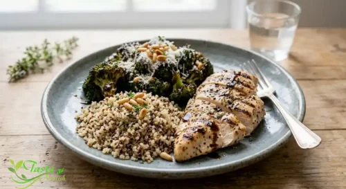 Balsamic Roasted Broccoli Recipe: Balsamic roasted broccoli recipe served alongside grilled chicken 