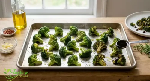Broccoli florets roasting on a sheet pan before the balsamic vinegar is added