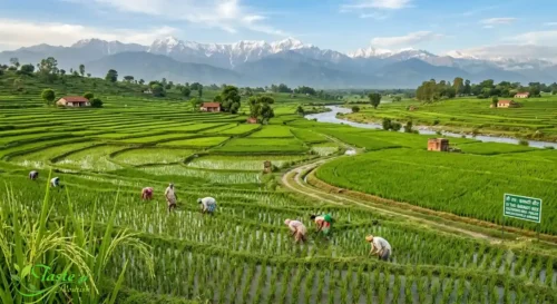 Basmati rice paddy fields in the Himalayan foothills of Punjab