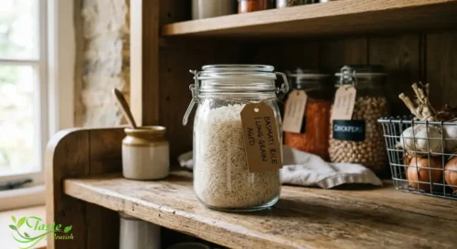 Basmati rice stored in an airtight glass jar in the pantry