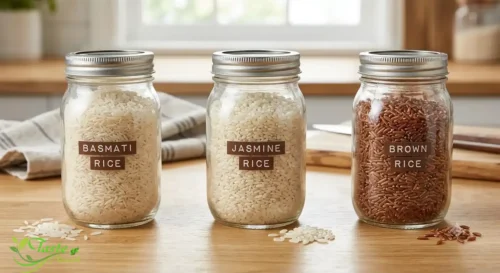 Basmati rice next to jasmine and brown rice for comparison