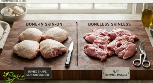 Side-by-side comparison of bone-in skin-on and boneless skinless chicken thighs on a cutting board