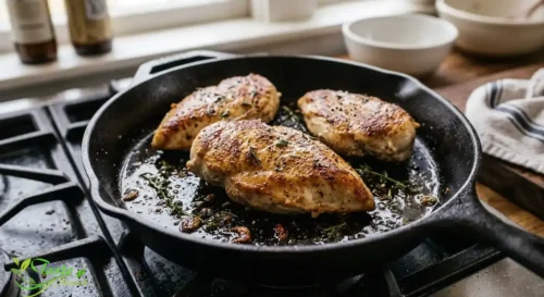 How to Cook Chicken Breast: Golden brown pan-seared chicken breast in a cast iron skillet