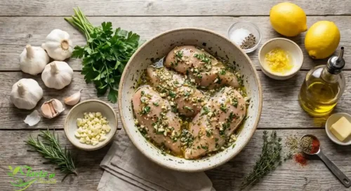 Chicken breasts coated in garlic herb marinade in a mixing bowl