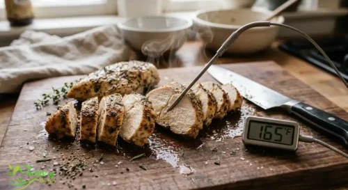 Meat thermometer inserted into chicken breast reading 165 degrees Fahrenheit