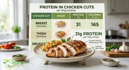 Grilled skinless chicken breast, showing roughly 31g protein per 100g cooked