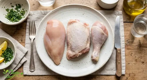 Raw chicken breast, thigh, and drumstick arranged for a cuts comparison