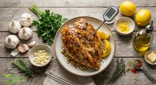 Chicken Recipes: Meat thermometer inserted into baked chicken breast reading 165 degrees