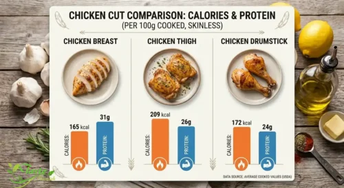 Chart comparing calories and protein across chicken breast, thigh, and drumstick