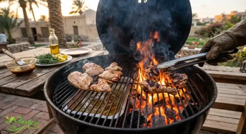 Two-zone grilling setup with chicken over direct and indirect heat