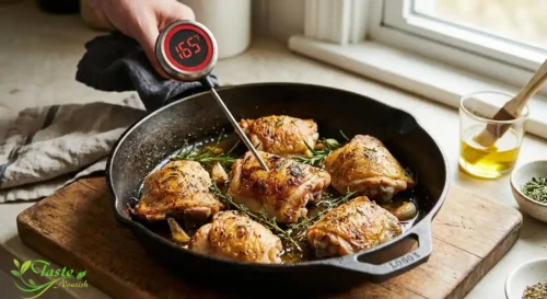 Chicken Thigh Recipes: Food thermometer inserted into a chicken thigh showing a safe internal temperature of 165°F