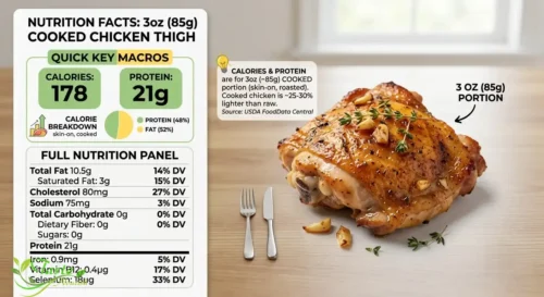 Chicken Thigh: Nutrition facts graphic showing calories and protein in a 3-ounce cooked chicken thigh