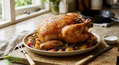 How to Brine Chicken: Golden roasted whole chicken with crispy skin after dry brining