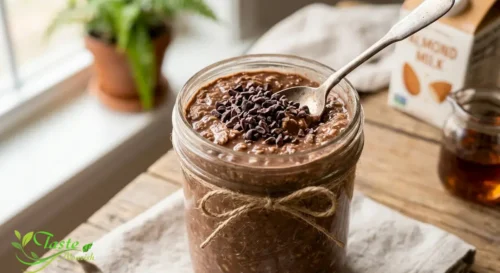 Close-up of creamy chocolate overnight oats in a glass jar with a spoon