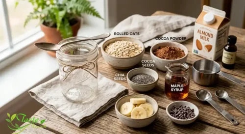 Chocolate Overnight Oats : Ingredients for chocolate overnight oats laid out, including rolled oats, cocoa powder, and maple syrup