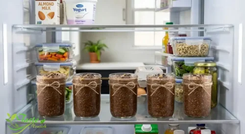 Five jars of chocolate overnight oats lined up in the fridge for weekly breakfast meal prep