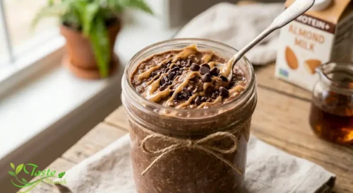 Chocolate protein overnight oats topped with peanut butter drizzle and chocolate chips
