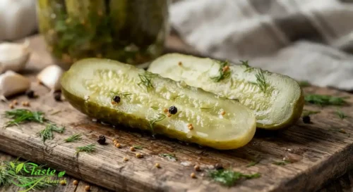Close-up of a crunchy homemade garlic dill pickle spear cut in half