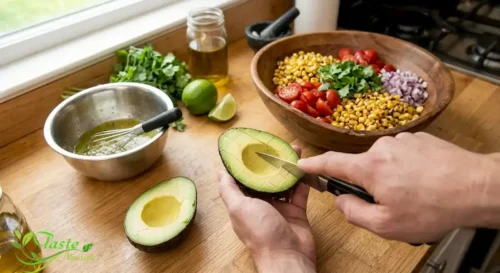 Dicing ripe avocado for avocado corn salad recipe