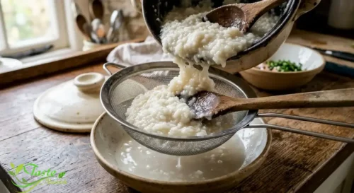 How to Fix Mushy Rice: Draining excess water from mushy rice through a fine-mesh strainer