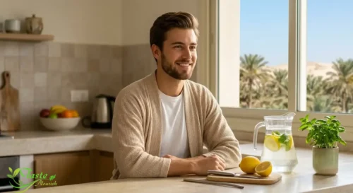 drinking a glass of lemon water as part of a morning hydration routine