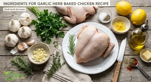 chicken recipe : Ingredients for garlic herb baked chicken recipe including garlic, lemon, and herbs