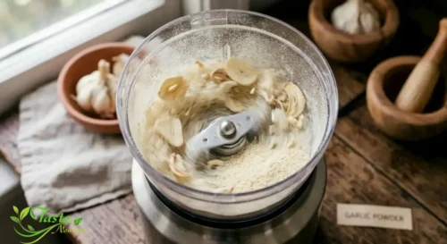 Dried garlic slices being ground into powder in a spice grinder