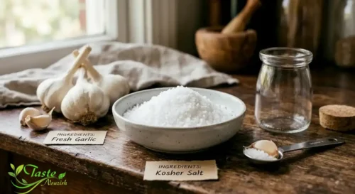 Ingredients for homemade garlic salt recipe fresh garlic and kosher salt