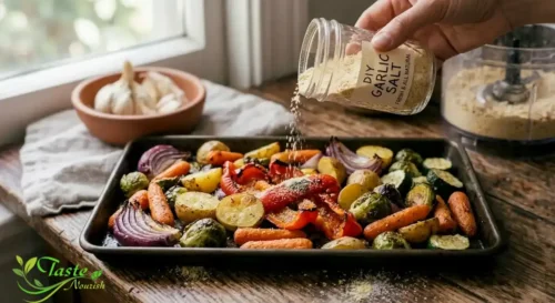 Homemade Garlic Salt Recipe: Homemade garlic salt sprinkled over roasted vegetables