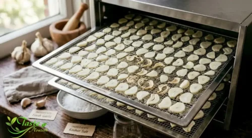 Thinly sliced garlic cloves arranged on a dehydrator tray for drying