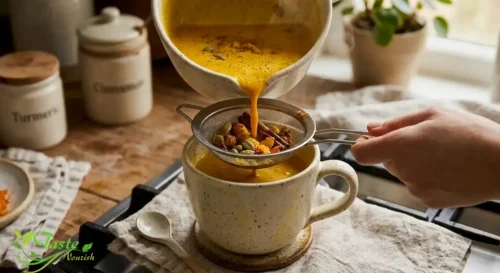Straining golden milk turmeric latte into a mug