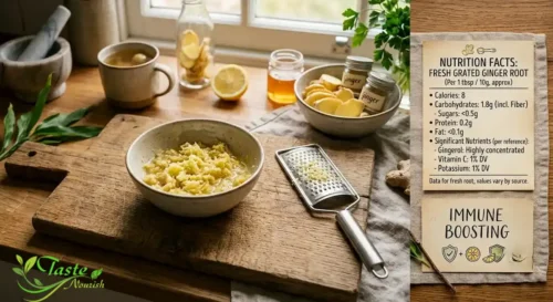 grated fresh ginger root next to nutrition data