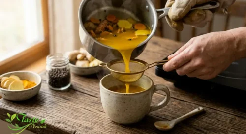 homemade turmeric tea through a fine mesh straine