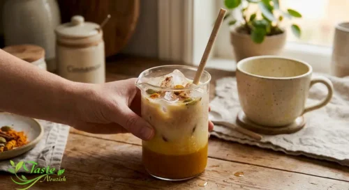 Iced turmeric golden milk latte with a straw